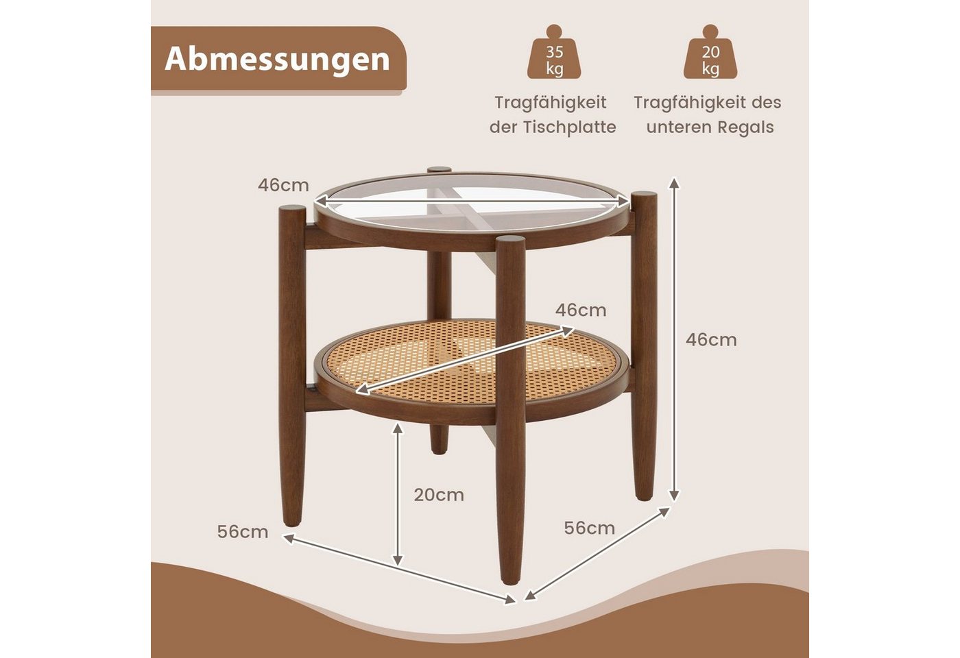 COSTWAY Beistelltisch, gehärtete Glasplatte, mit Rattan Ablage, rund 56x56cm – Bild 5 von 5