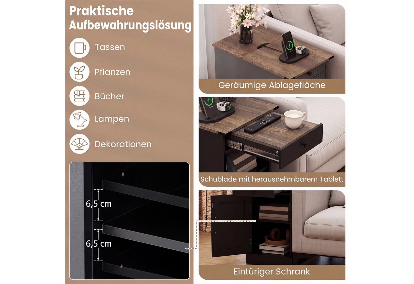 COSTWAY Beistelltisch, Nachttisch mit Ladestation, klappbarer Tischplatte – Bild 3 von 5