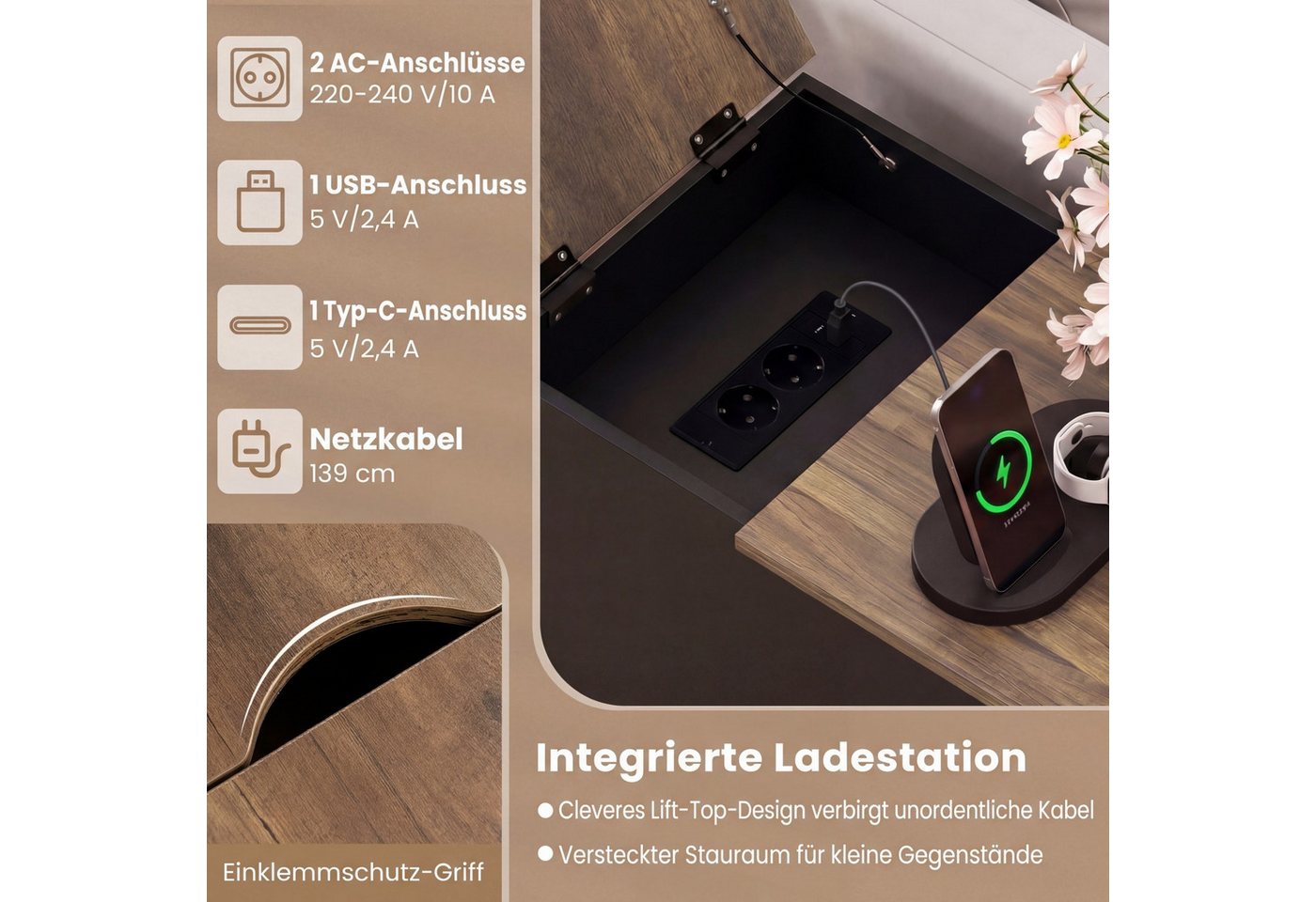 COSTWAY Beistelltisch, Nachttisch mit Ladestation, klappbarer Tischplatte – Bild 4 von 5