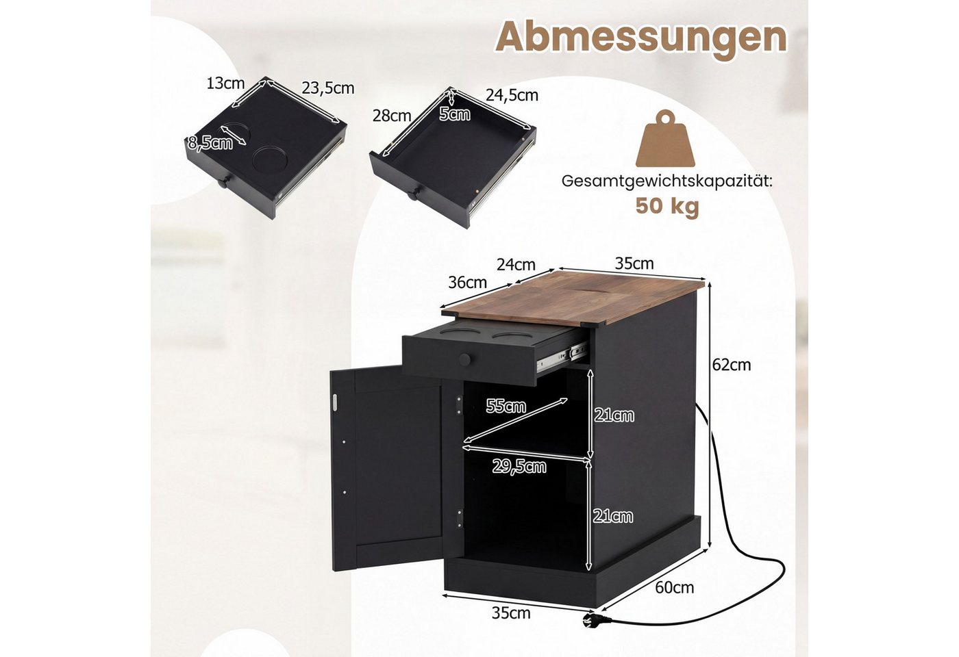 COSTWAY Beistelltisch, Nachttisch mit Ladestation, klappbarer Tischplatte – Bild 5 von 5