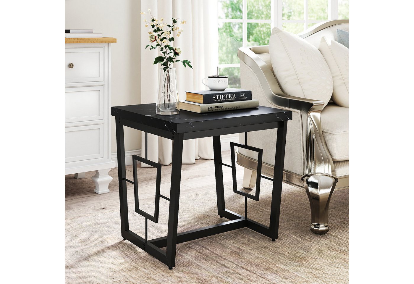COSTWAY Beistelltisch, rechteckig Couchtisch klein Marmor Nachttisch schwarz – Bild 2 von 5