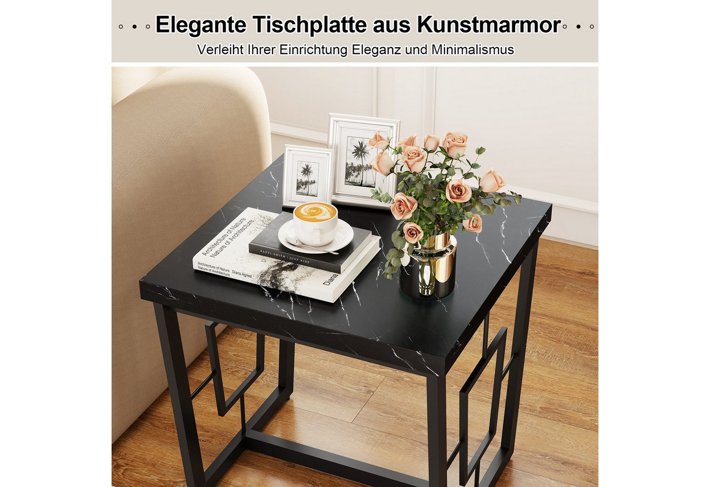 COSTWAY Beistelltisch, rechteckig Couchtisch klein Marmor Nachttisch schwarz – Bild 3 von 5