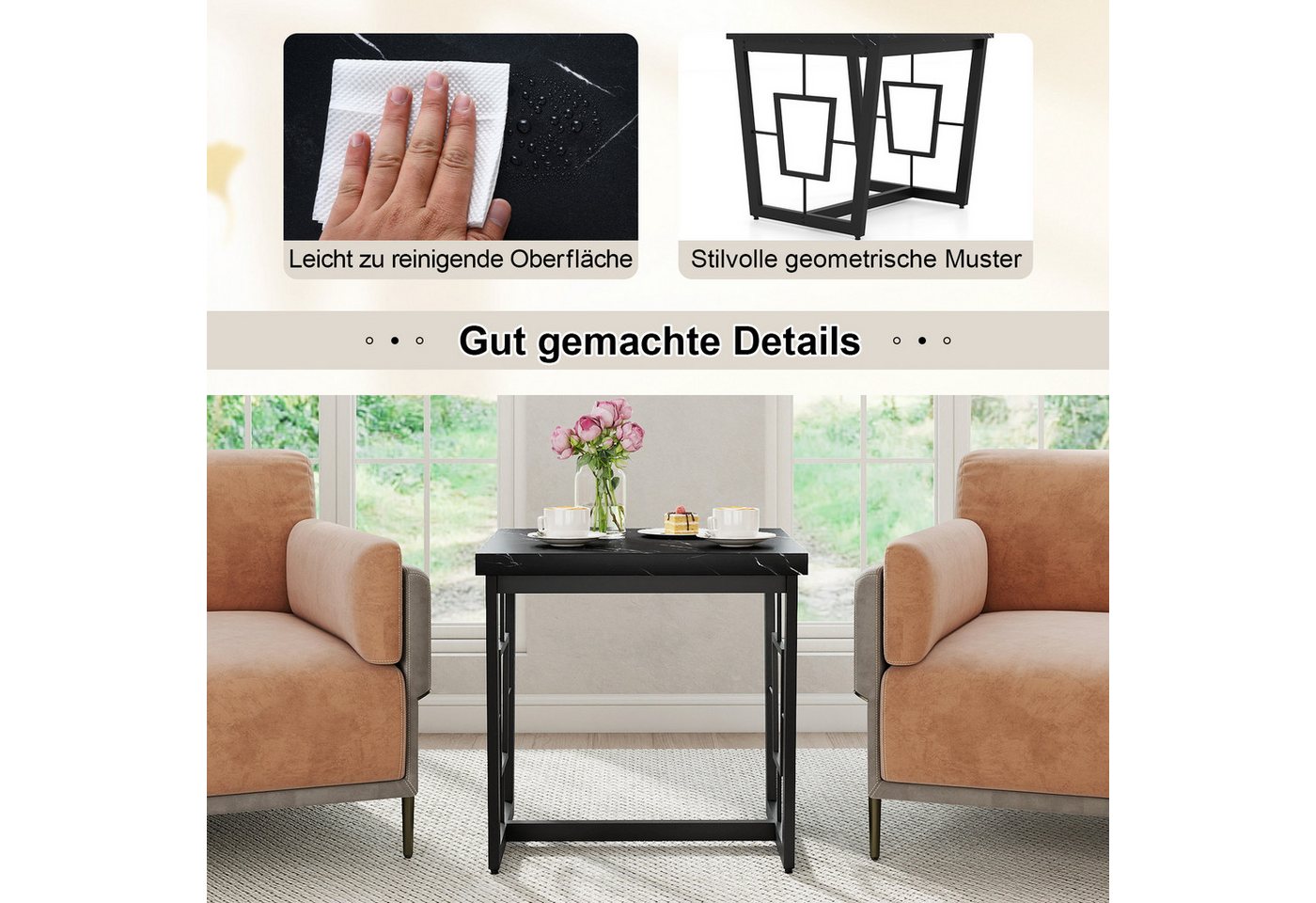 COSTWAY Beistelltisch, rechteckig Couchtisch klein Marmor Nachttisch schwarz – Bild 4 von 5