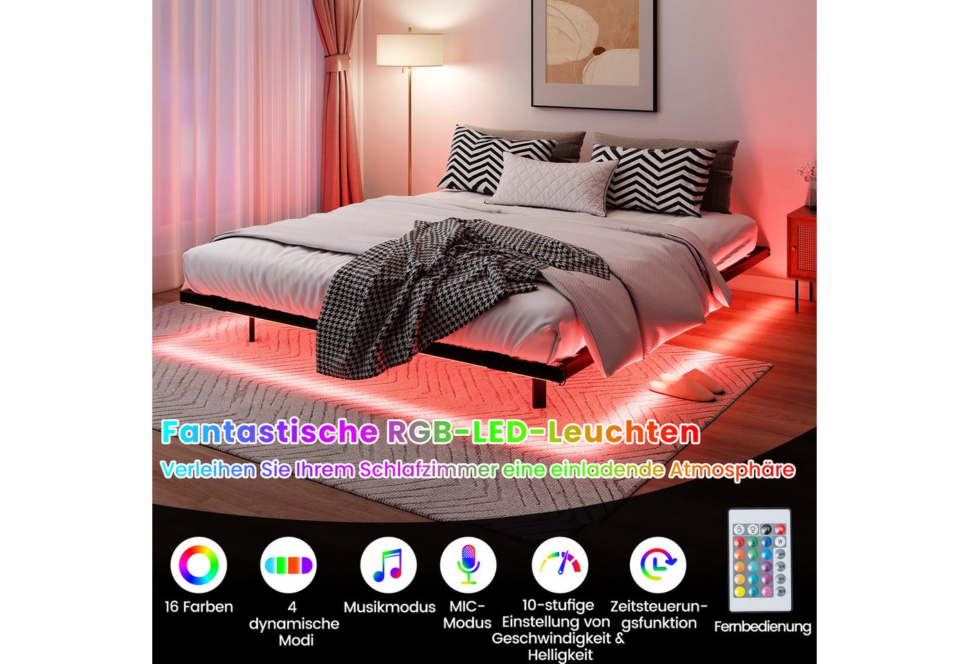 COSTWAY Bettgestell (1-tlg), Doppelbett Schwebebettgestell, mit LED, Lattenrost,160 x 200 cm – Bild 2 von 5