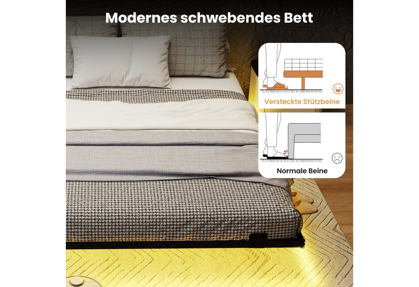 COSTWAY Bettgestell (1-tlg), Doppelbett Schwebebettgestell, mit LED, Lattenrost,160 x 200 cm – Bild 4 von 5