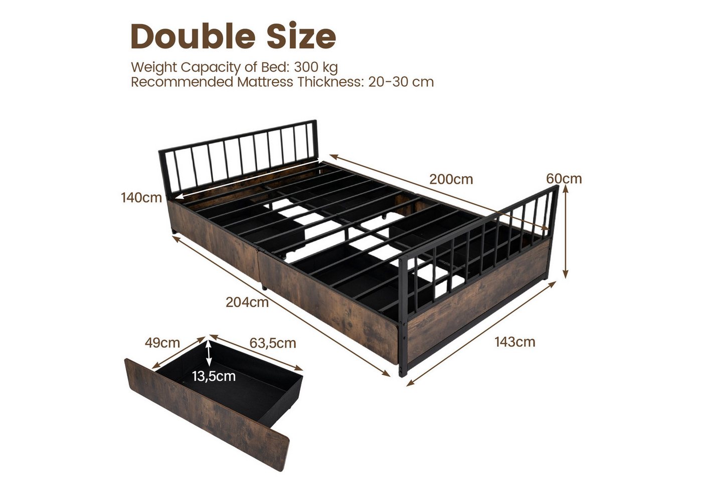 COSTWAY Bettgestell (1-tlg), Metallbett mit 4 Schubladen, Lattenrost, 140 x 200 cm – Bild 3 von 3