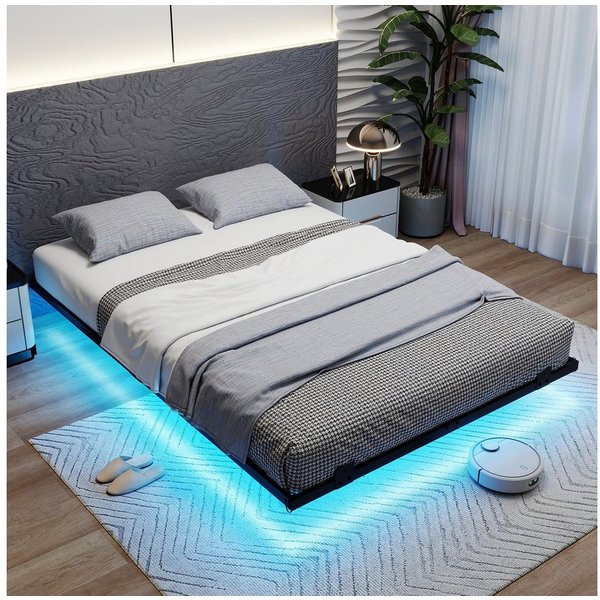 COSTWAY Bettgestell (1-tlg), Doppelbett Schwebebettgestell, mit LED, Lattenrost,140 x 200 cm