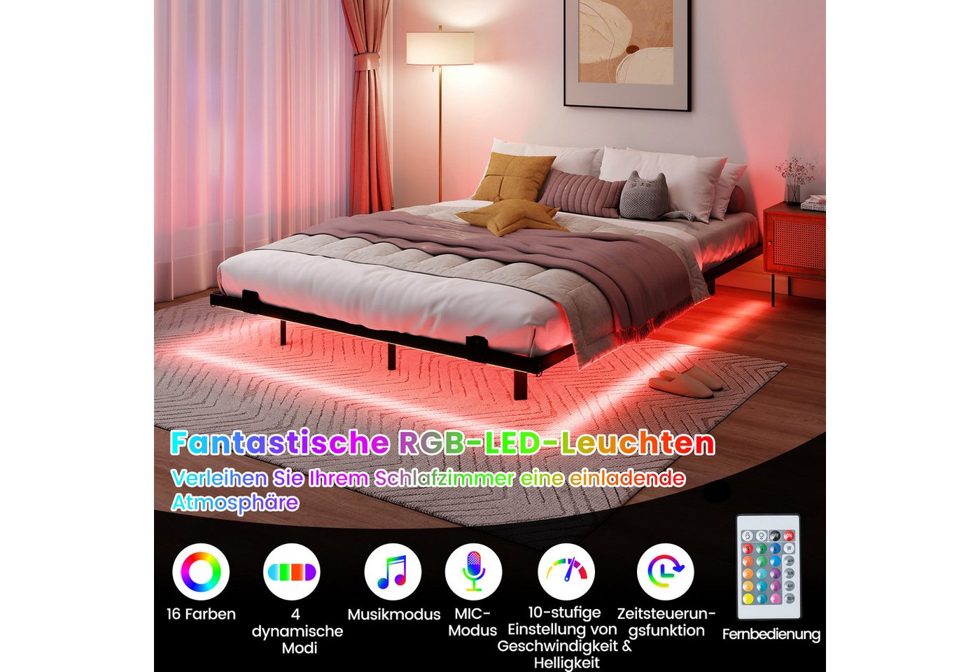 COSTWAY Bettgestell (1-tlg), Doppelbett Schwebebettgestell, mit LED, Lattenrost,140 x 200 cm – Bild 2 von 5