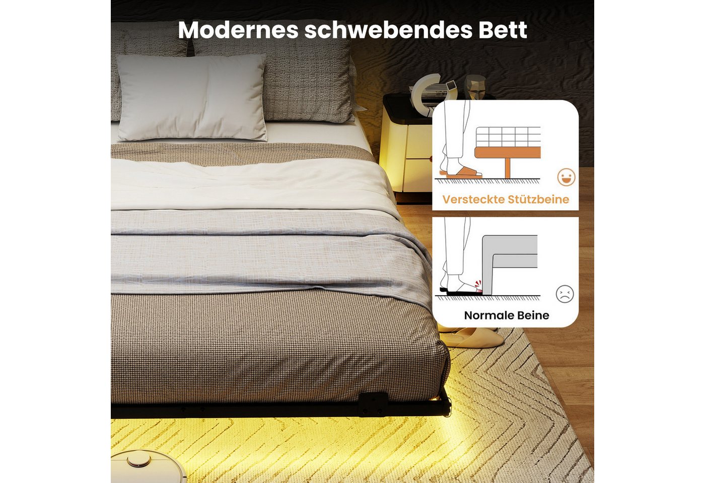 COSTWAY Bettgestell (1-tlg), Doppelbett Schwebebettgestell, mit LED, Lattenrost,140 x 200 cm – Bild 4 von 5