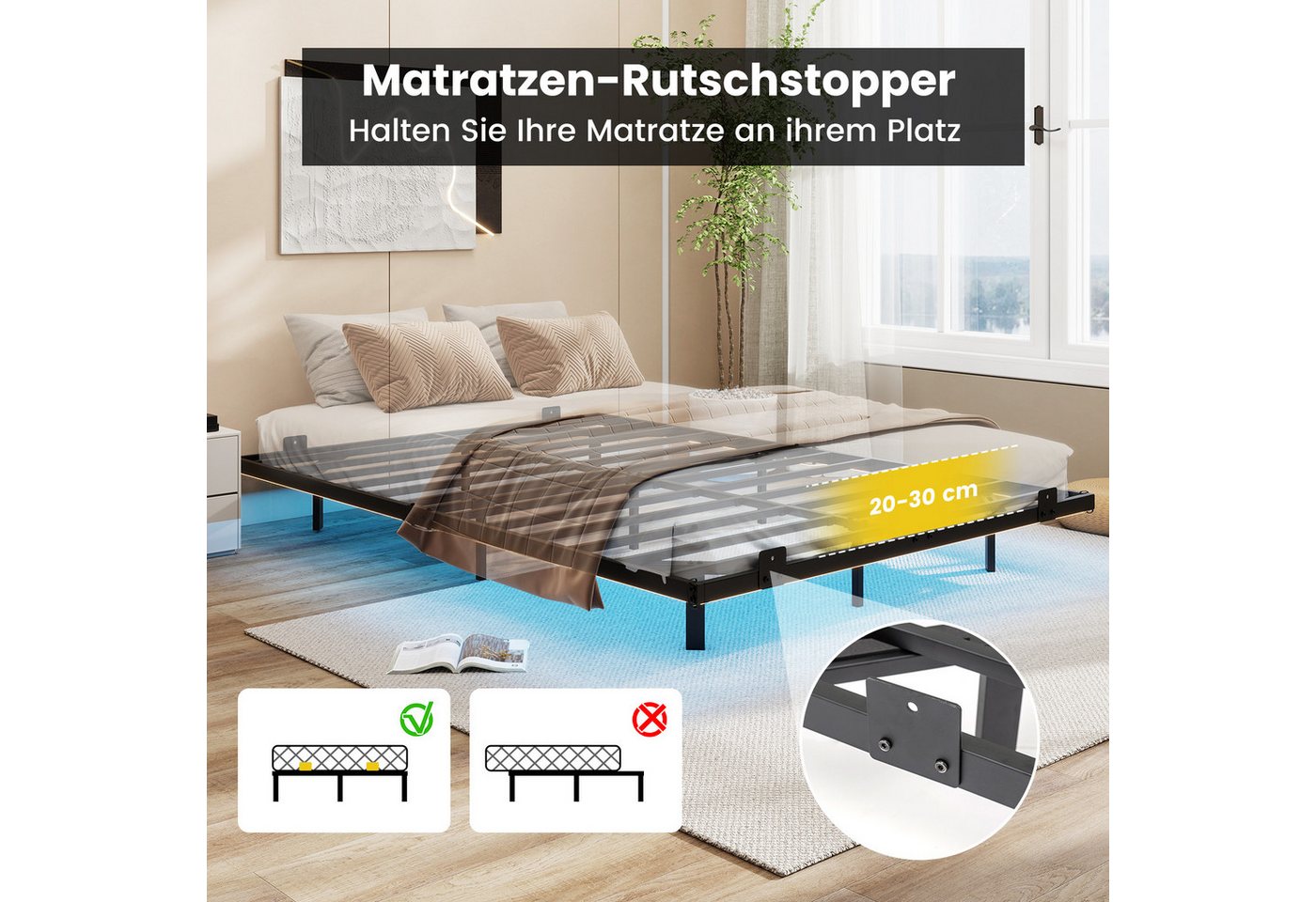 COSTWAY Bettgestell (1-tlg), Doppelbett Schwebebettgestell, mit LED, Lattenrost,140 x 200 cm – Bild 5 von 5