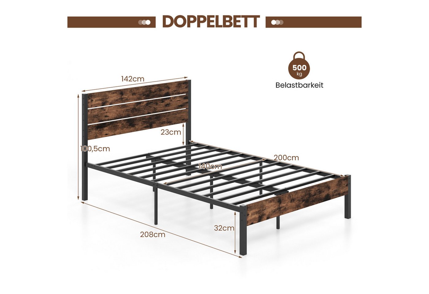 COSTWAY Bettgestell (1-tlg), Metallbett, Bettrahmen, mit Lattenrost, für 140x200cm Matratze – Bild 3 von 5