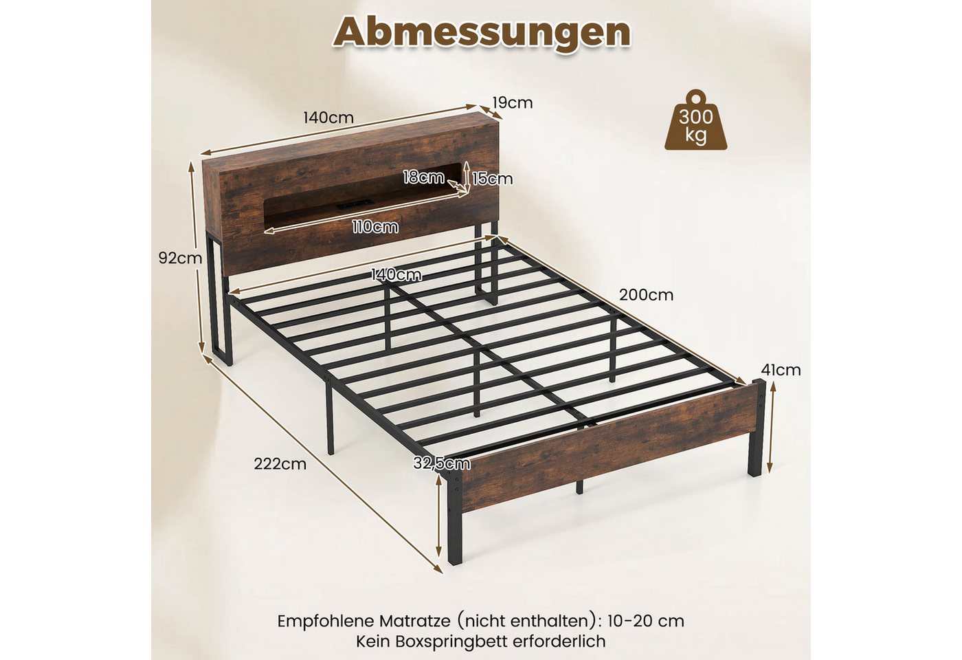 COSTWAY Bettgestell (1-tlg), Plattformbett, mit LED & Stauraum-Kopfteil & Steckdosen – Bild 4 von 5