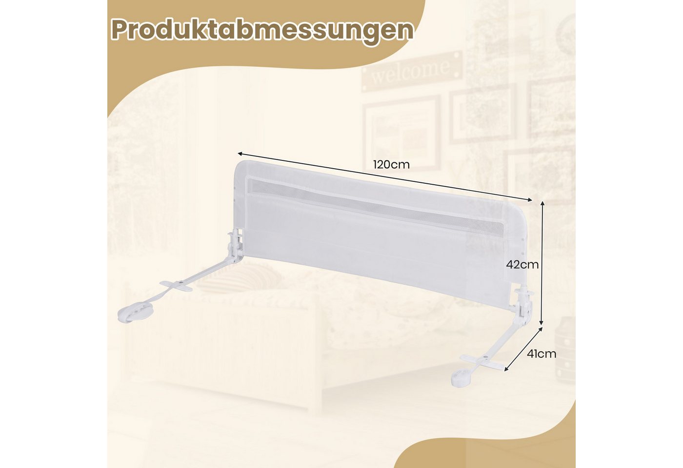 COSTWAY Bettschutzgitter (1 St), Bettgitter, mit Sicherheitsgurt, klappbar, 120x42cm – Bild 2 von 5