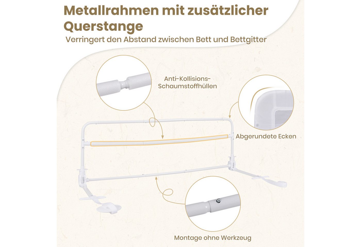 COSTWAY Bettschutzgitter (1 St), Bettgitter, mit Sicherheitsgurt, klappbar, 120x42cm – Bild 3 von 5