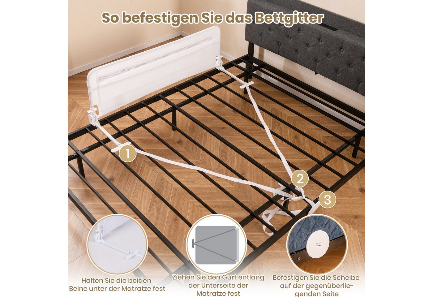COSTWAY Bettschutzgitter (1 St), Bettgitter, mit Sicherheitsgurt, klappbar, 120x42cm – Bild 4 von 5