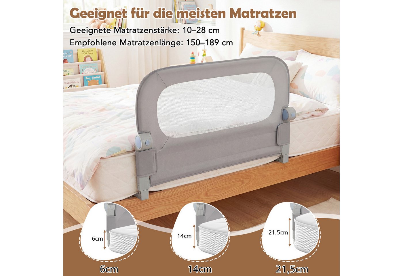 COSTWAY Bettschutzgitter (1 St), Bettgitter klappbar, mit U-förmigem Gestell & Gurt – Bild 5 von 5