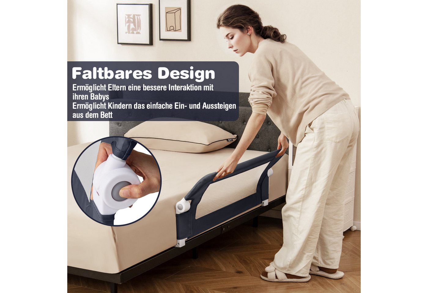 COSTWAY Bettschutzgitter Bettgitter, Babybettgitter, mit Verstellbarer Gurte, Rausfallschutz, 105x42cm – Bild 2 von 5