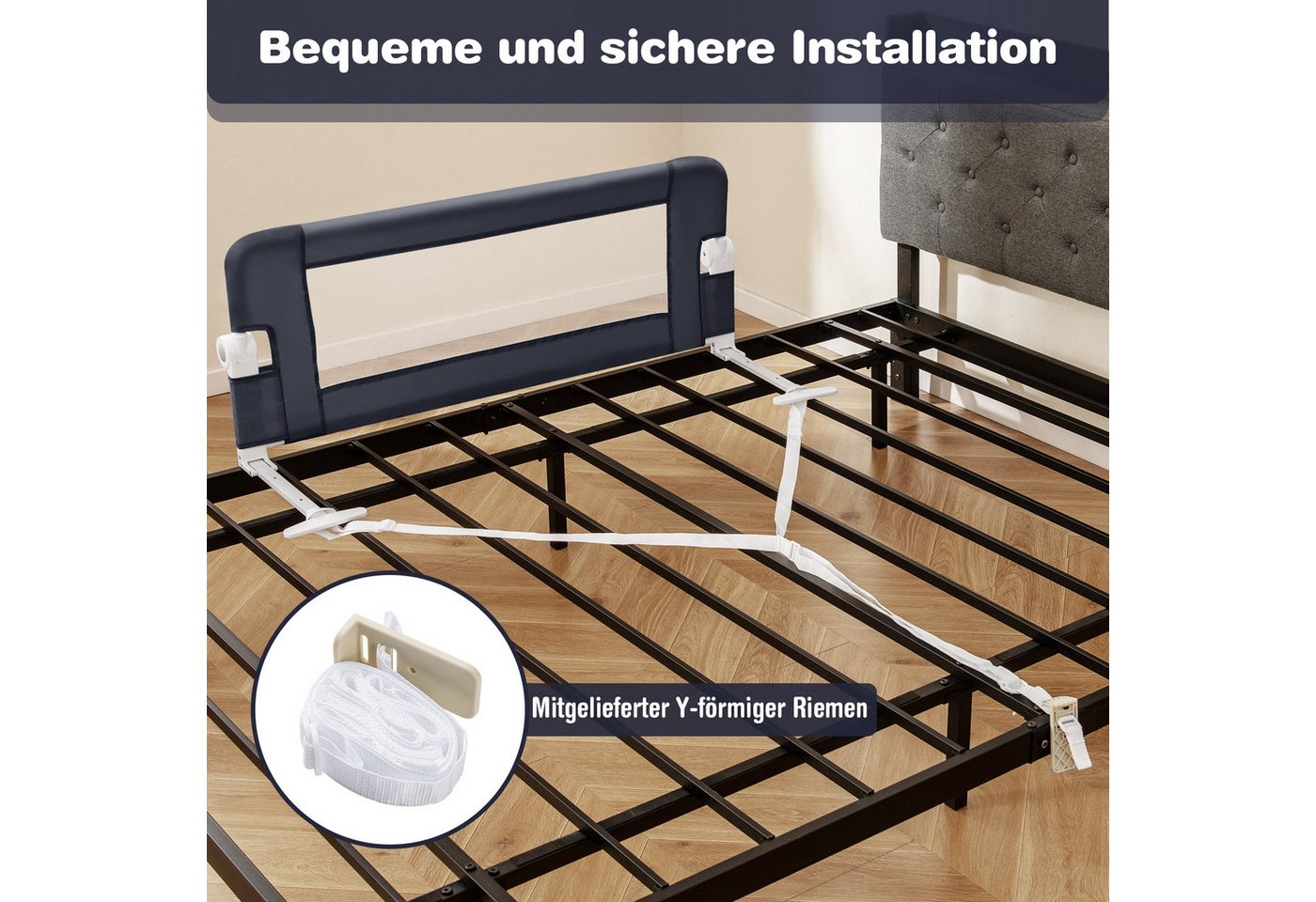 COSTWAY Bettschutzgitter Bettgitter, Babybettgitter, mit Verstellbarer Gurte, Rausfallschutz, 105x42cm – Bild 3 von 5
