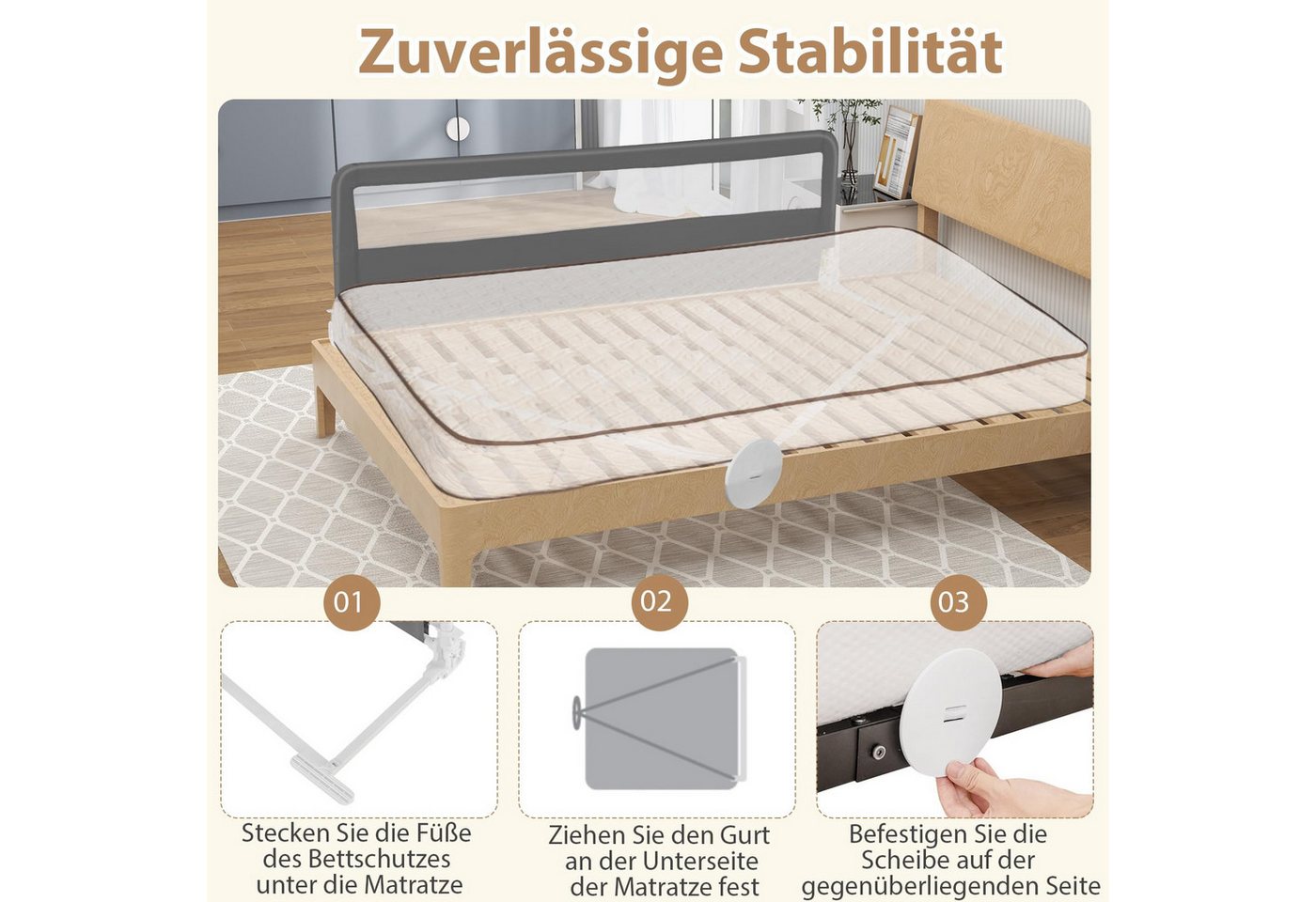 COSTWAY Bettschutzgitter Rausfallschutz, 180cm, mit Sicherheitsgurten – Bild 3 von 5