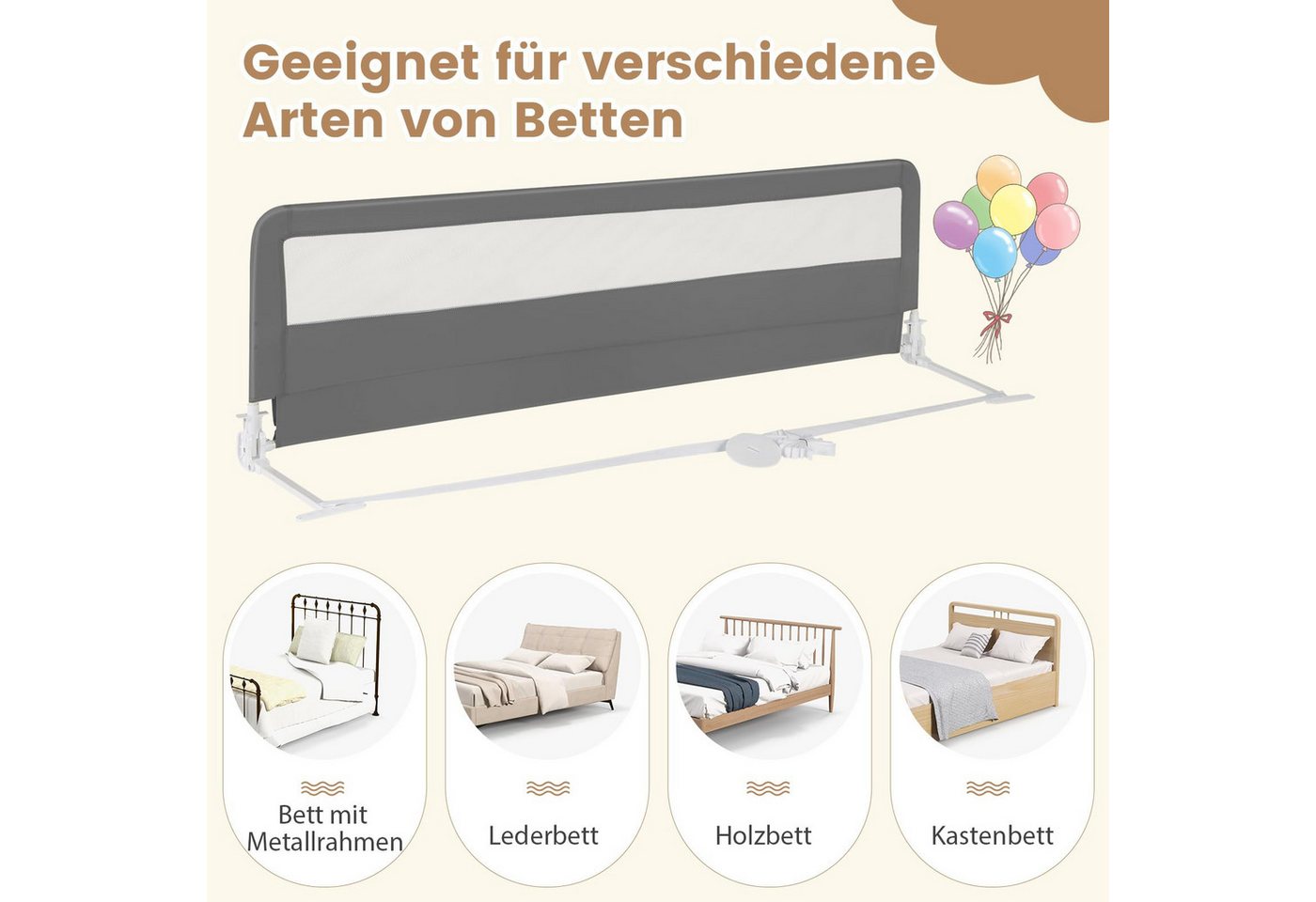 COSTWAY Bettschutzgitter Rausfallschutz, 180cm, mit Sicherheitsgurten – Bild 4 von 5