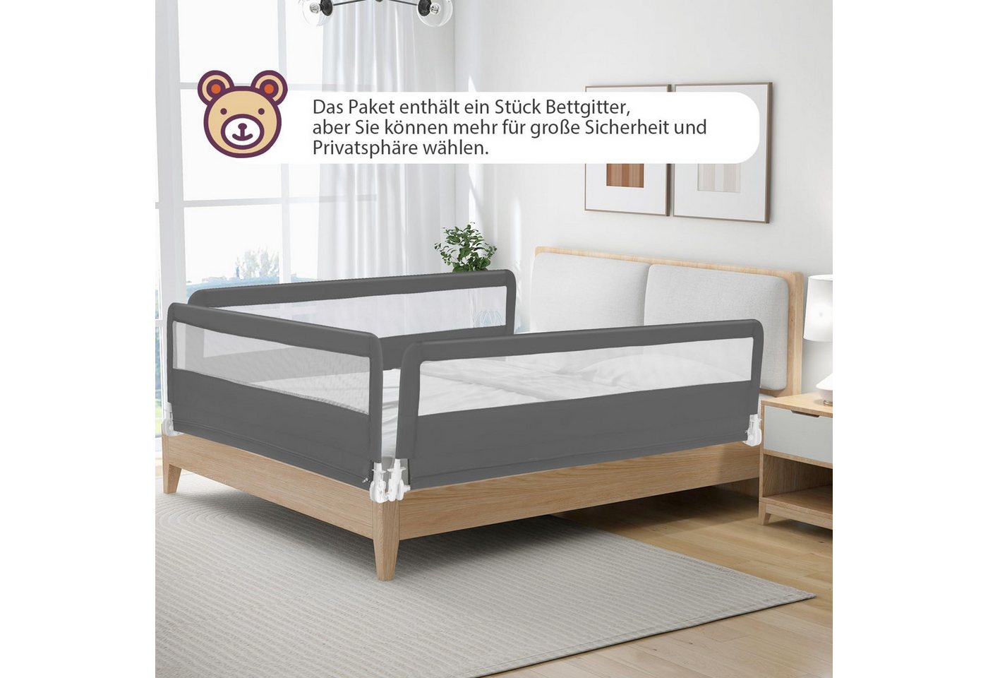 COSTWAY Bettschutzgitter Rausfallschutz, 180cm, mit Sicherheitsgurten – Bild 5 von 5