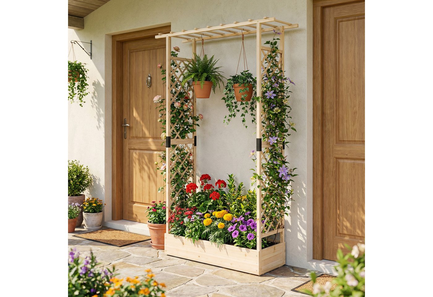 COSTWAY Blumenkasten (1 St), mit Rankgitter, Hochbeet für Kletterpflanzen, Sichtschutz – Bild 2 von 5