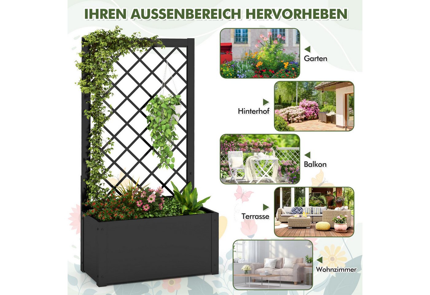 COSTWAY Blumenkasten (1 St), Hochbeet, mit Rankgitter, für Kletterpflanzen, 63x31x112cm – Bild 3 von 5