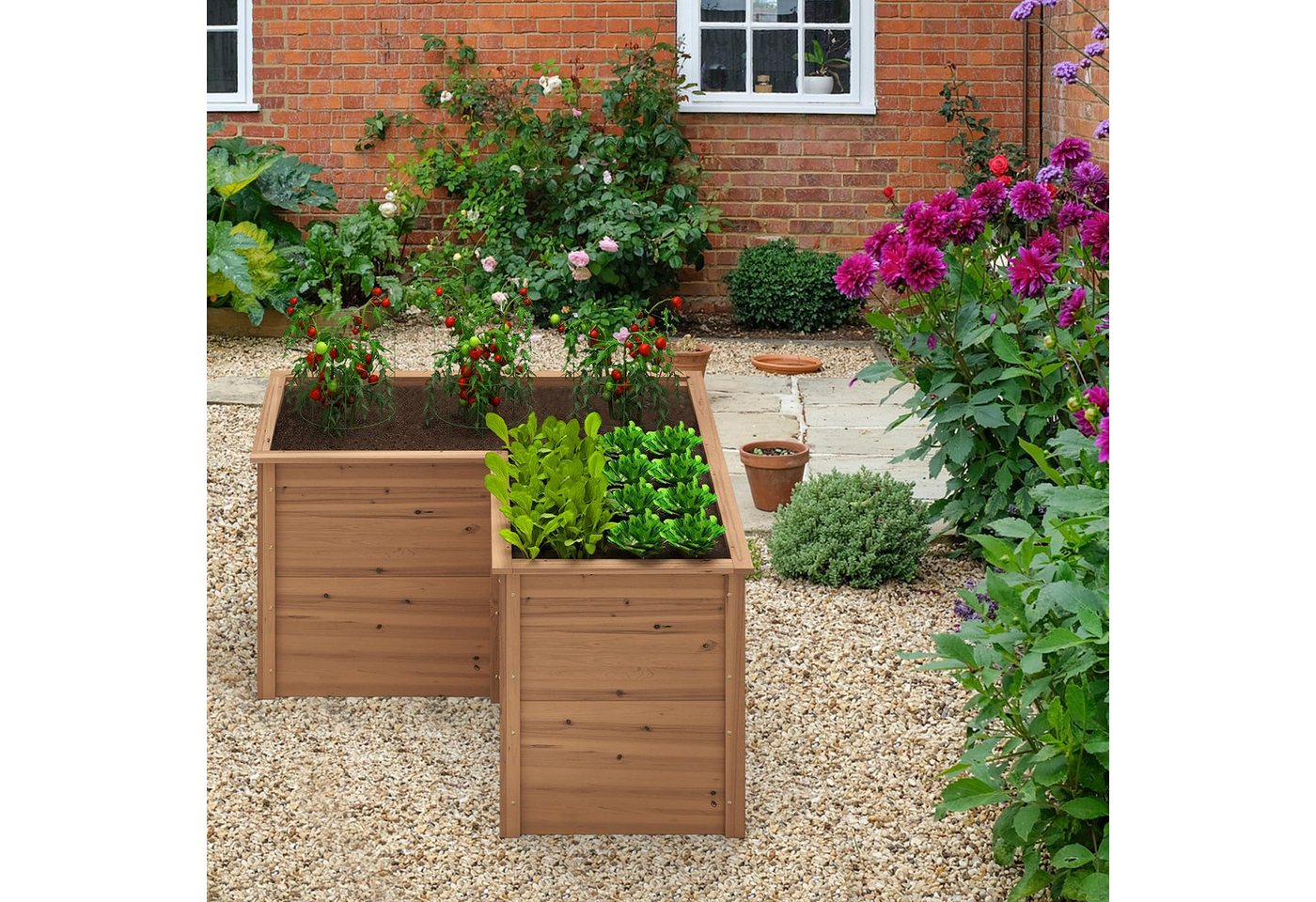 COSTWAY Blumenkasten, L-förmig Hochbeet, aus Tannenholz, 120x120x63cm – Bild 2 von 5