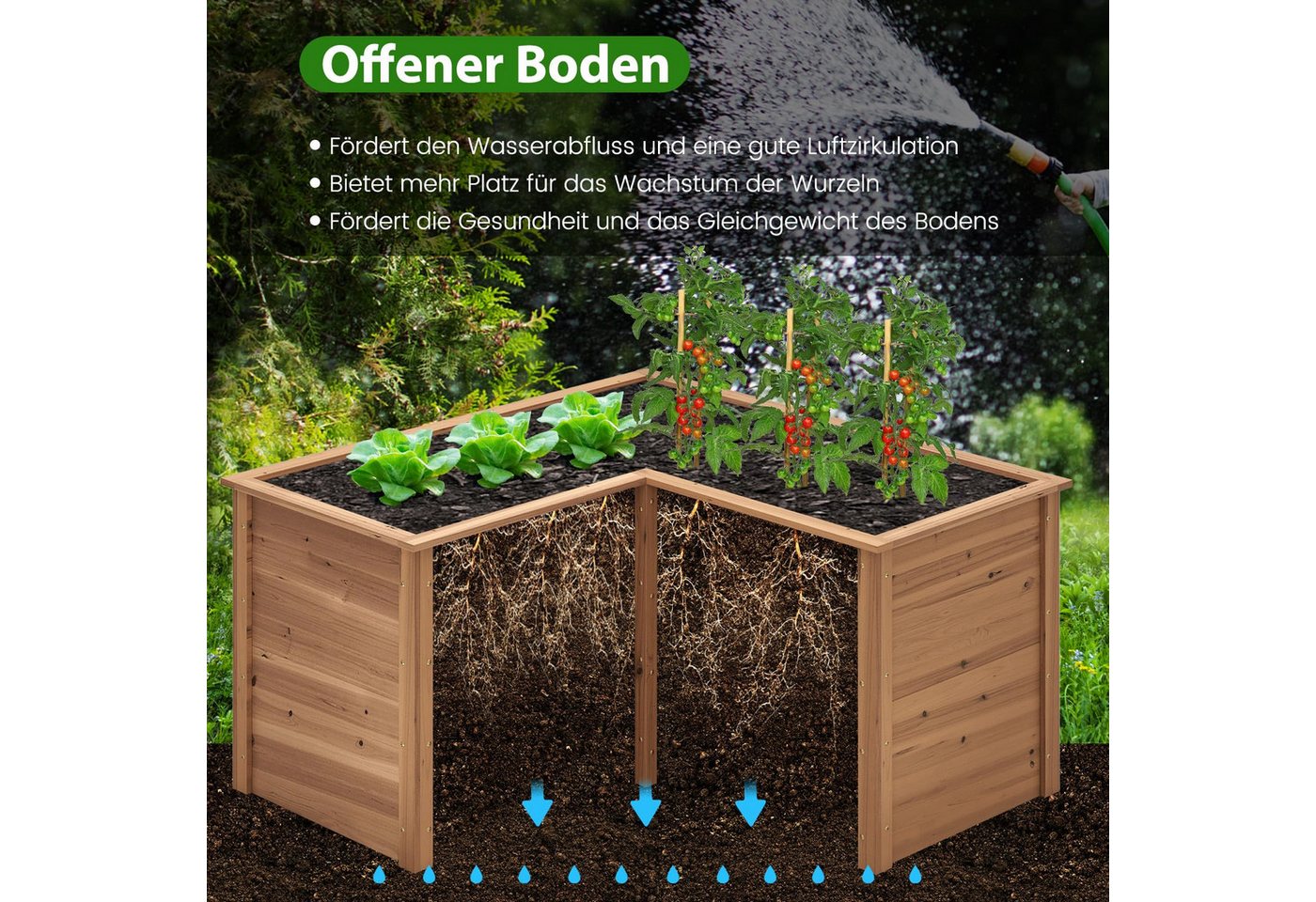 COSTWAY Blumenkasten, L-förmig Hochbeet, aus Tannenholz, 120x120x63cm – Bild 3 von 5