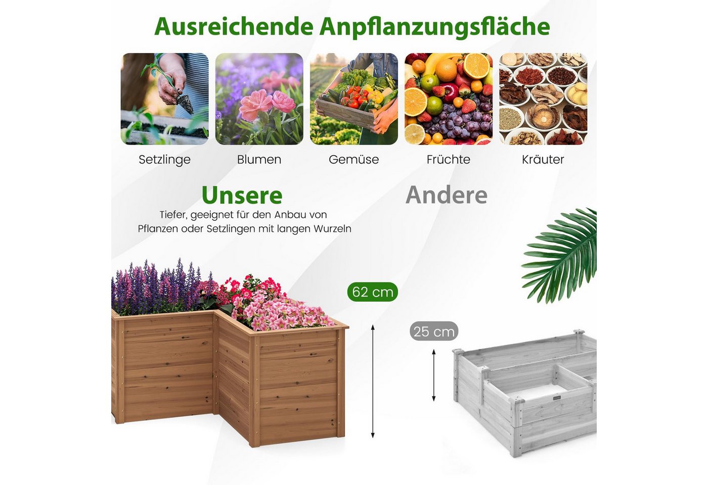 COSTWAY Blumenkasten, L-förmig Hochbeet, aus Tannenholz, 120x120x63cm – Bild 5 von 5