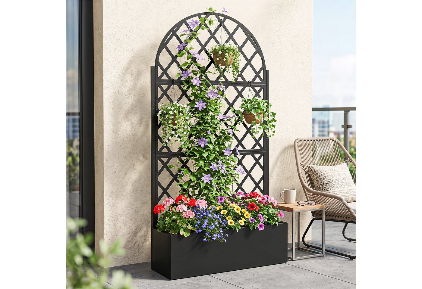 COSTWAY Blumenkasten, Pflanzkasten aus Metall mit Rankgitter, Ablauflöchern – Bild 2 von 5