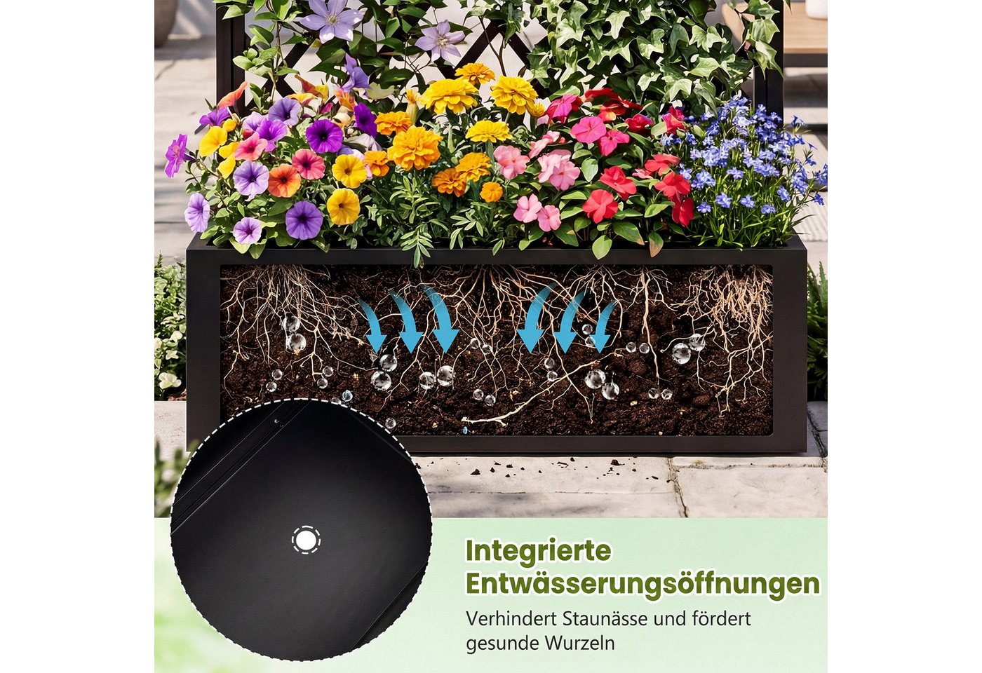 COSTWAY Blumenkasten, Pflanzkasten aus Metall mit Rankgitter, Ablauflöchern – Bild 3 von 5