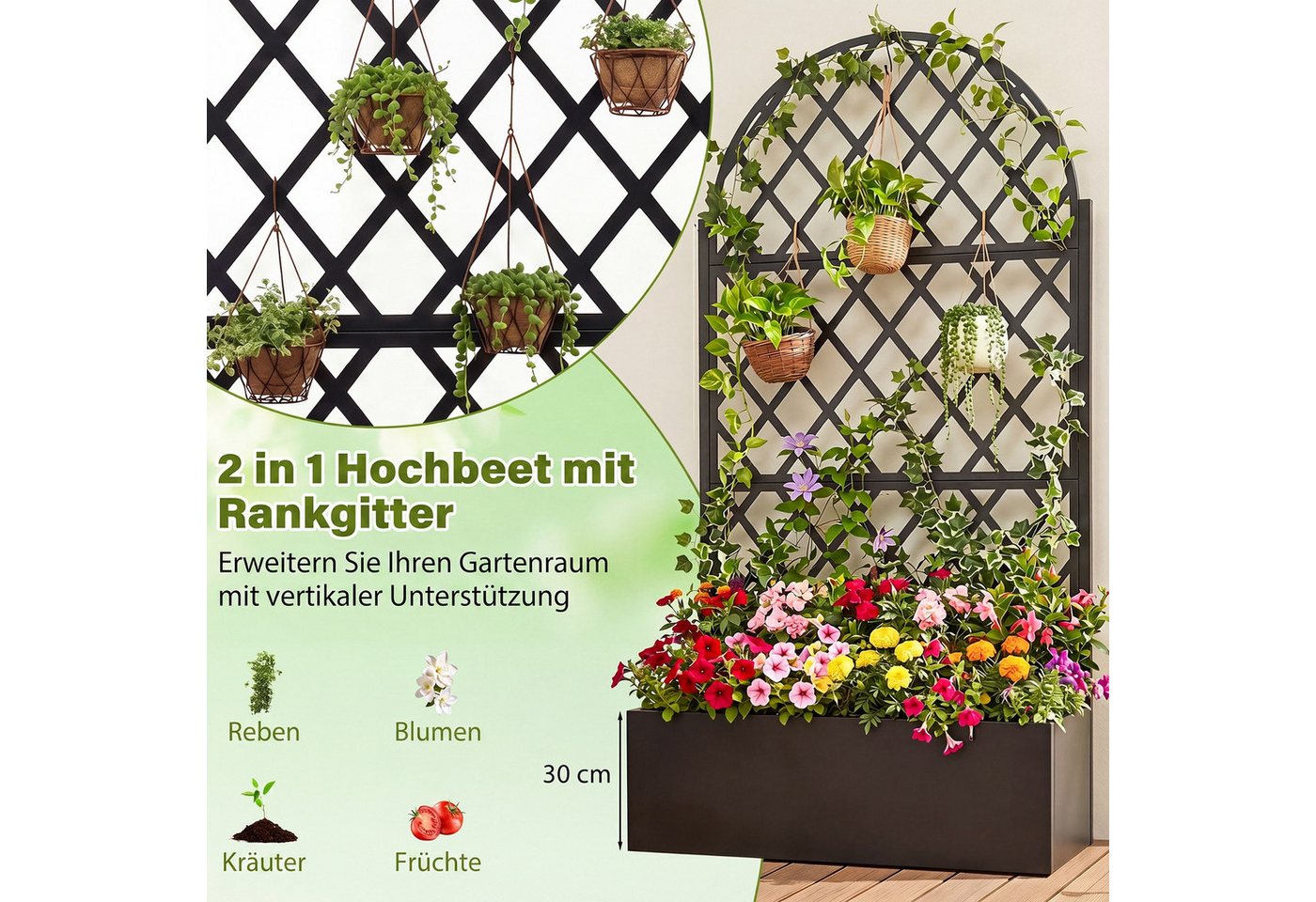 COSTWAY Blumenkasten, Pflanzkasten aus Metall mit Rankgitter, Ablauflöchern – Bild 4 von 5