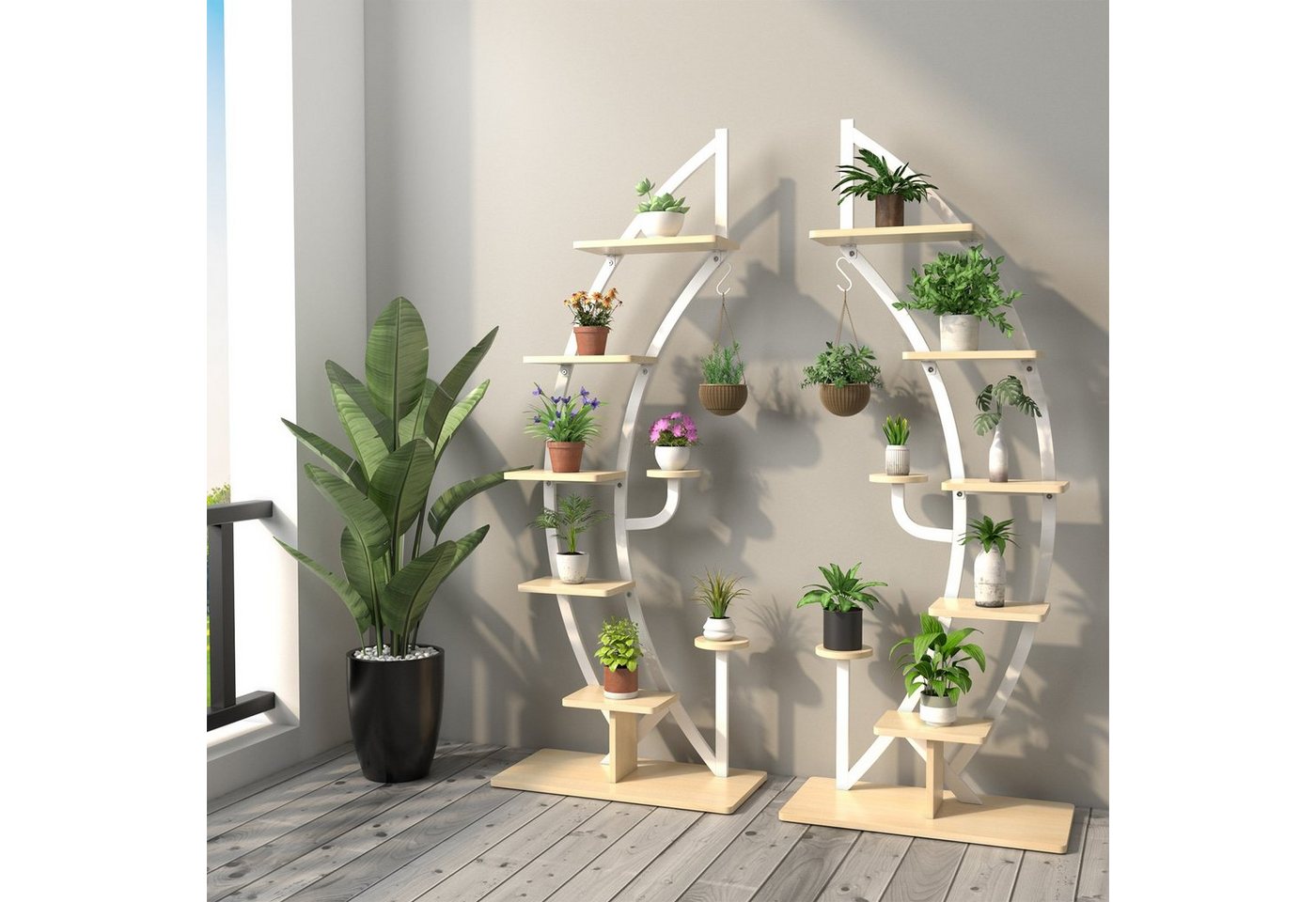 COSTWAY Blumenständer (2 St), 6-stufig, mit 2 Ablagen, Haken & Kippschutz – Bild 2 von 5