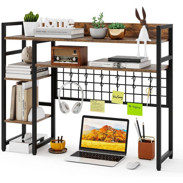 COSTWAY Bücherregal, Schreibtischregal Aufsatzregal mit Haken, 94x25x74cm