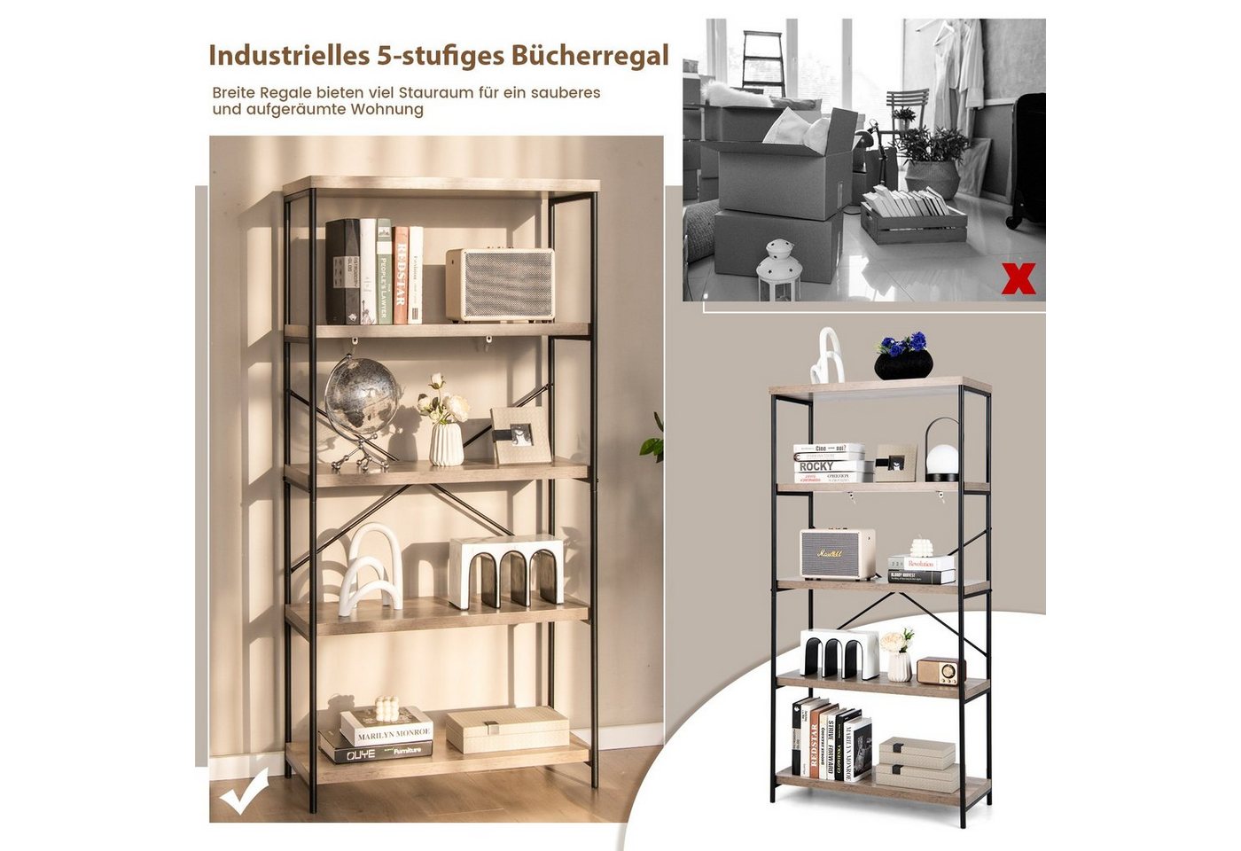 COSTWAY Bücherregal, 5 Ebenen, Standregal mit Metallrahmen, 79x35x160cm – Bild 3 von 5