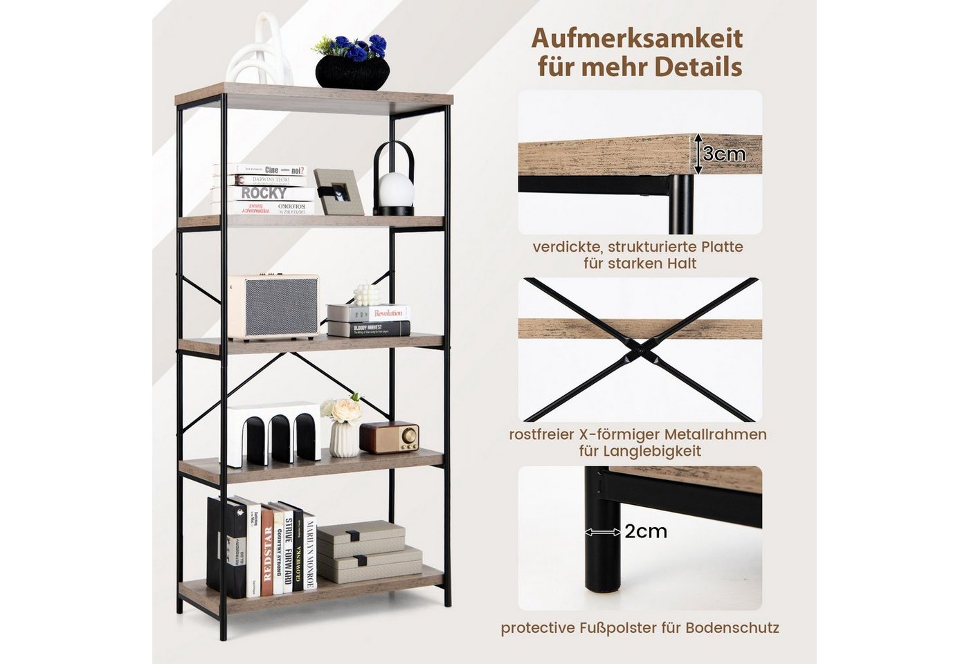 COSTWAY Bücherregal, 5 Ebenen, Standregal mit Metallrahmen, 79x35x160cm – Bild 4 von 5