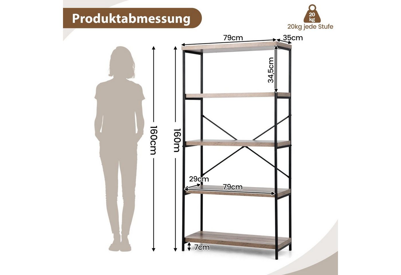 COSTWAY Bücherregal, 5 Ebenen, Standregal mit Metallrahmen, 79x35x160cm – Bild 5 von 5