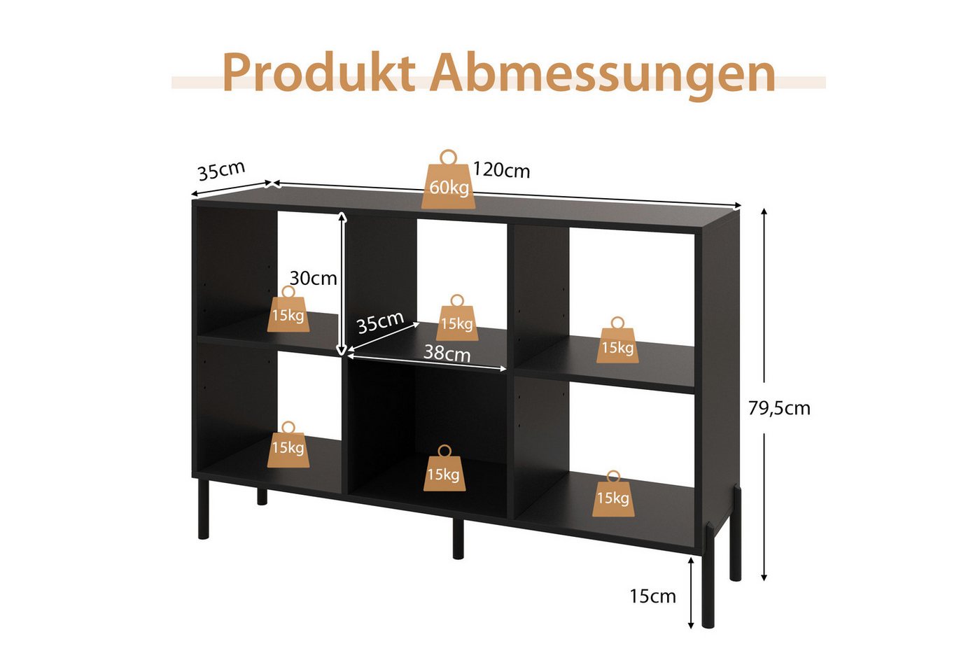 COSTWAY Bücherregal, mit 6 Fächern & verstellbaren Regalen, 120x35x79,5cm – Bild 3 von 5