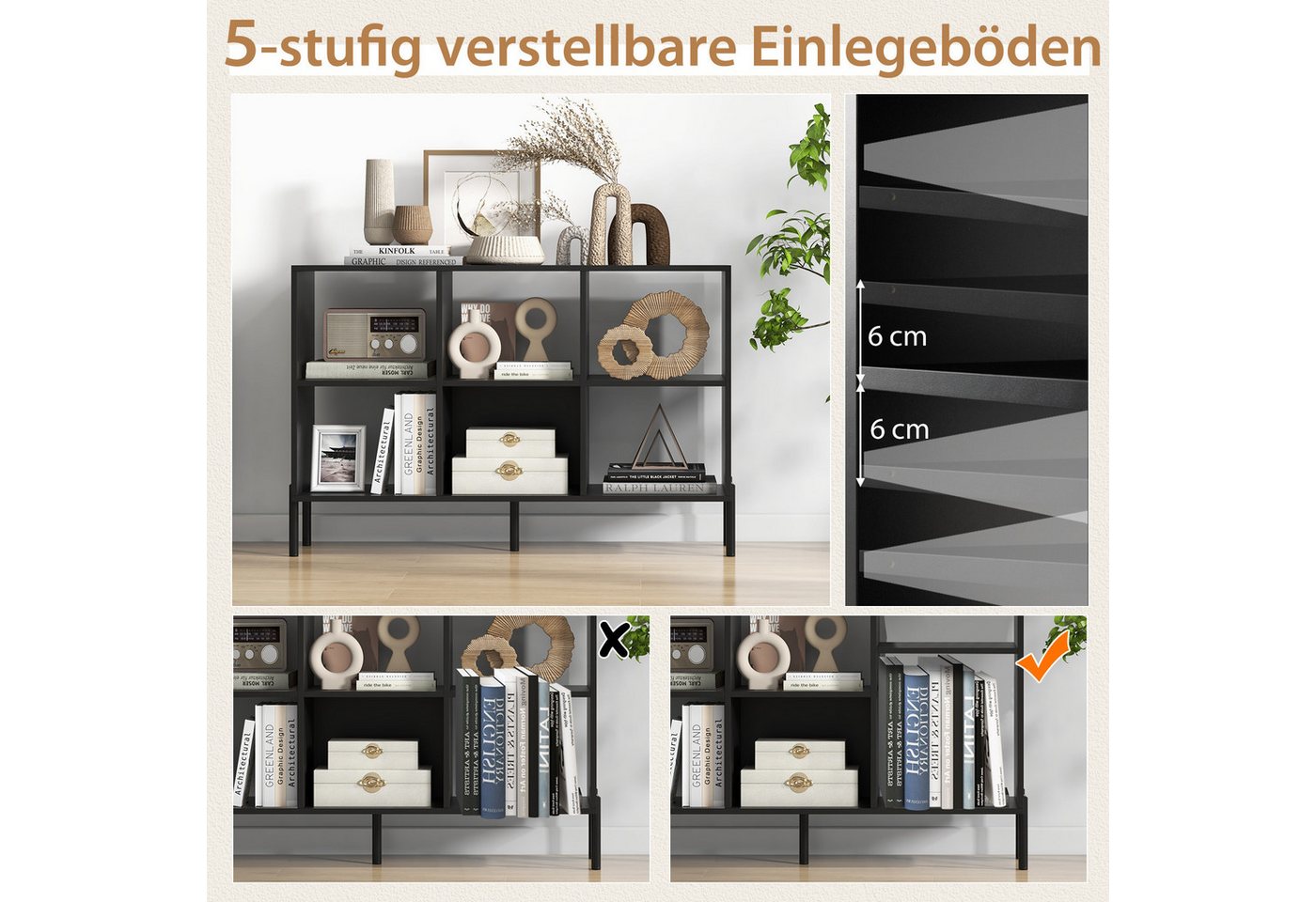 COSTWAY Bücherregal, mit 6 Fächern & verstellbaren Regalen, 120x35x79,5cm – Bild 4 von 5