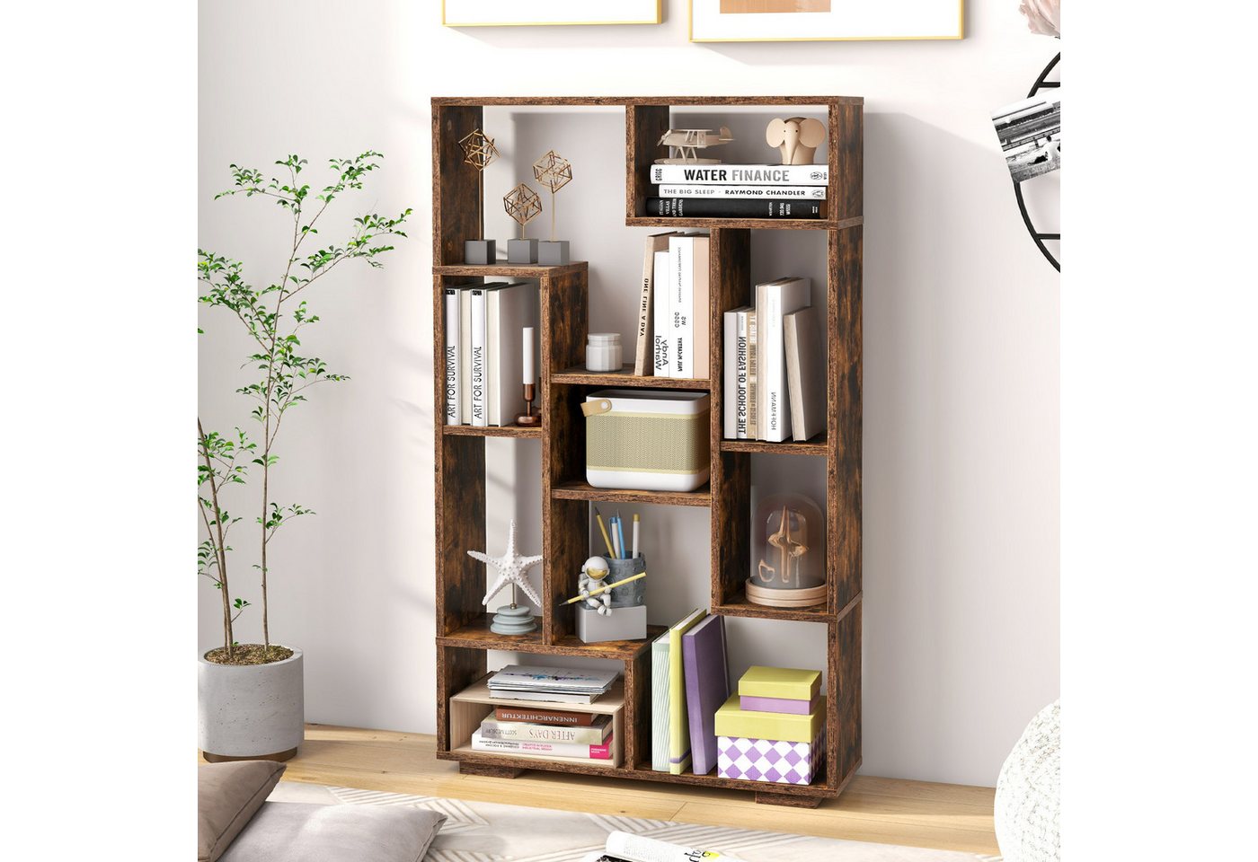 COSTWAY Bücherregal, Holz mit 9 Fächern, Raumteiler geometrisch, 70x20x120cm – Bild 2 von 5