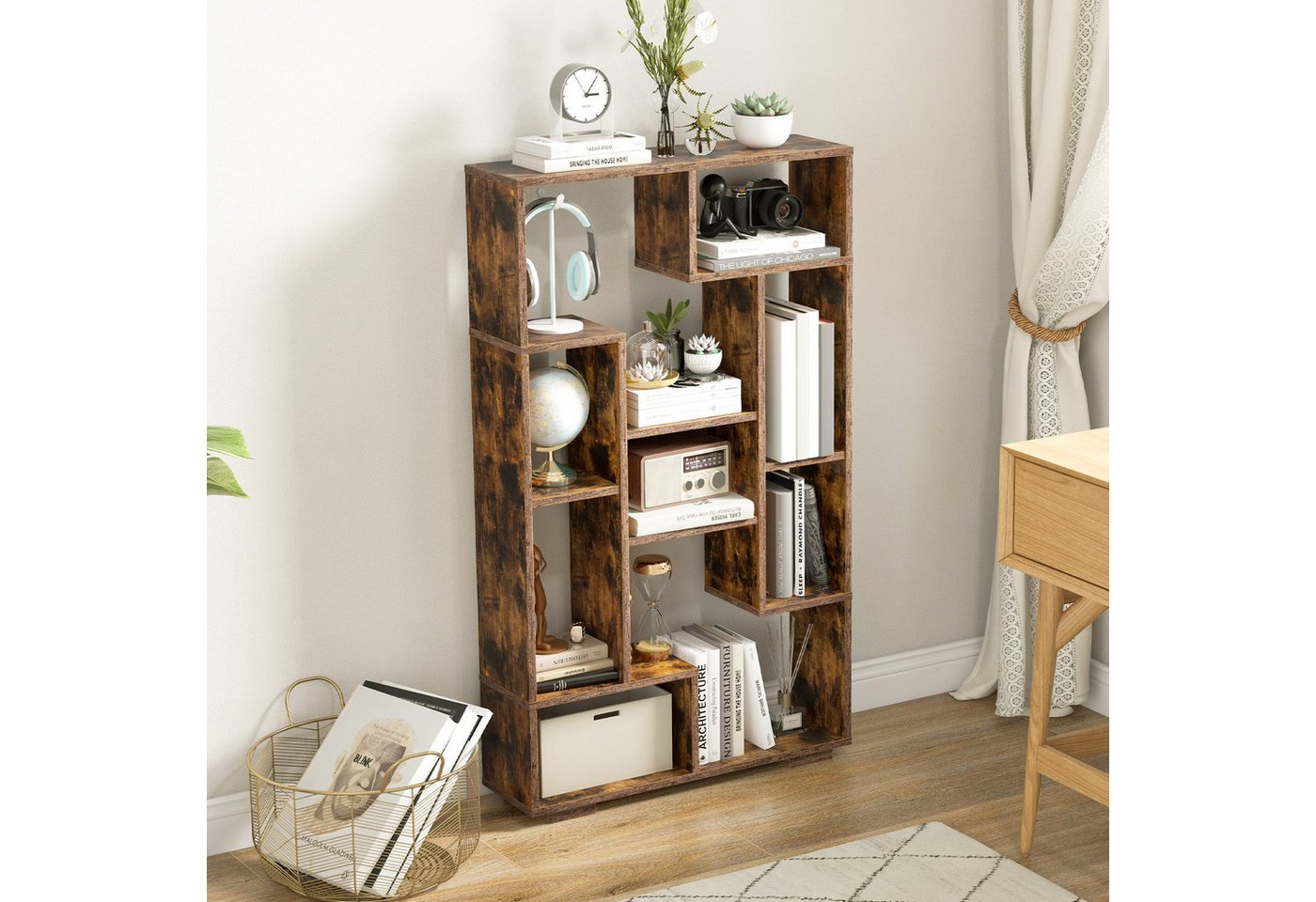 COSTWAY Bücherregal, Holz mit 9 Fächern, Raumteiler geometrisch, 70x20x120cm – Bild 4 von 5