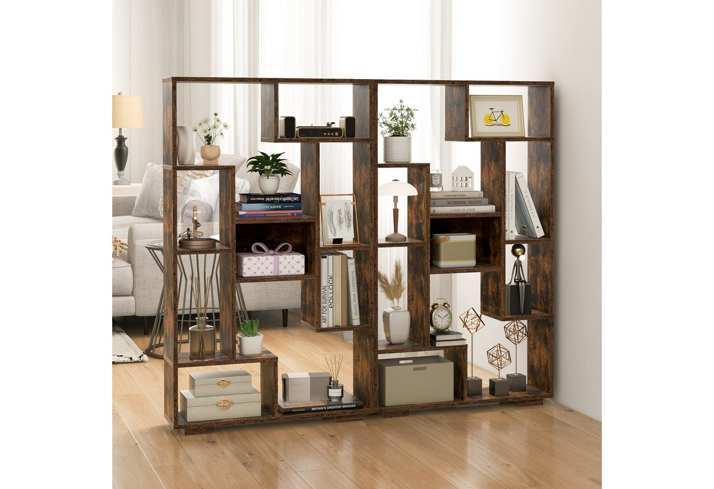 COSTWAY Bücherregal, Holz mit 9 Fächern, Raumteiler geometrisch, 70x20x120cm – Bild 5 von 5