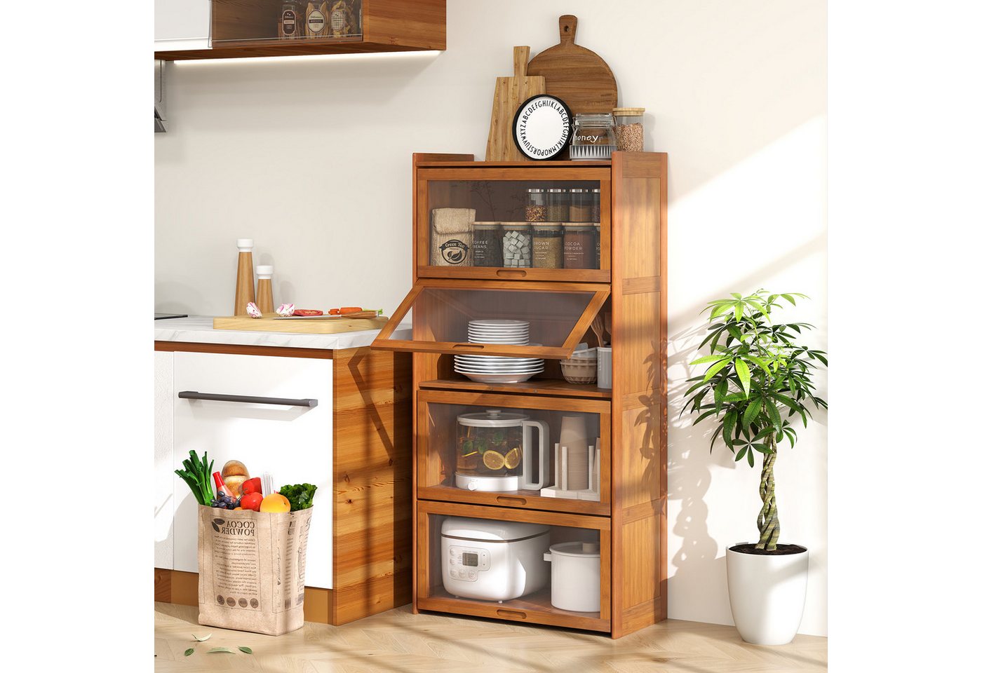 COSTWAY Bücherregal, mit Acryltüren, Vitrinenschrank Bambus mit 4 Fächern – Bild 2 von 5