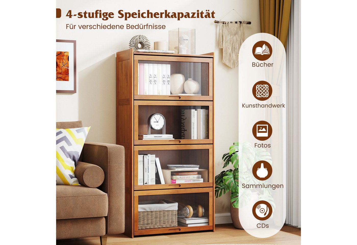 COSTWAY Bücherregal, mit Acryltüren, Vitrinenschrank Bambus mit 4 Fächern – Bild 3 von 5
