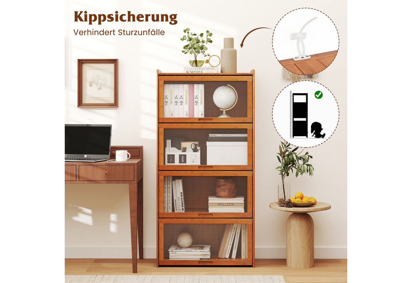 COSTWAY Bücherregal, mit Acryltüren, Vitrinenschrank Bambus mit 4 Fächern – Bild 4 von 5