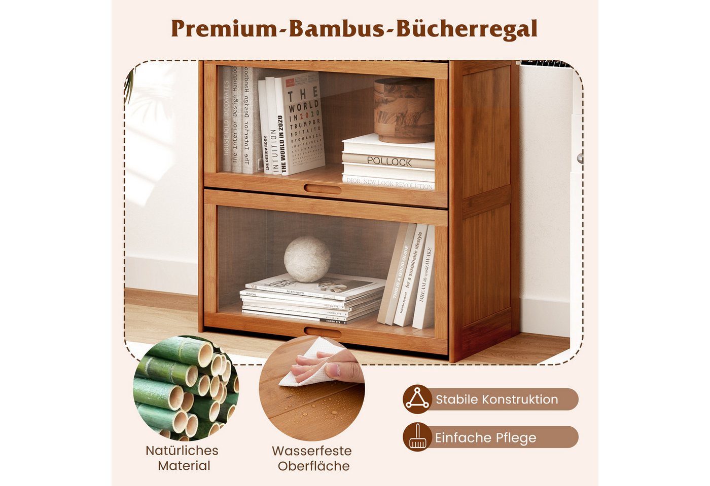 COSTWAY Bücherregal, mit Acryltüren, Vitrinenschrank Bambus mit 4 Fächern – Bild 5 von 5