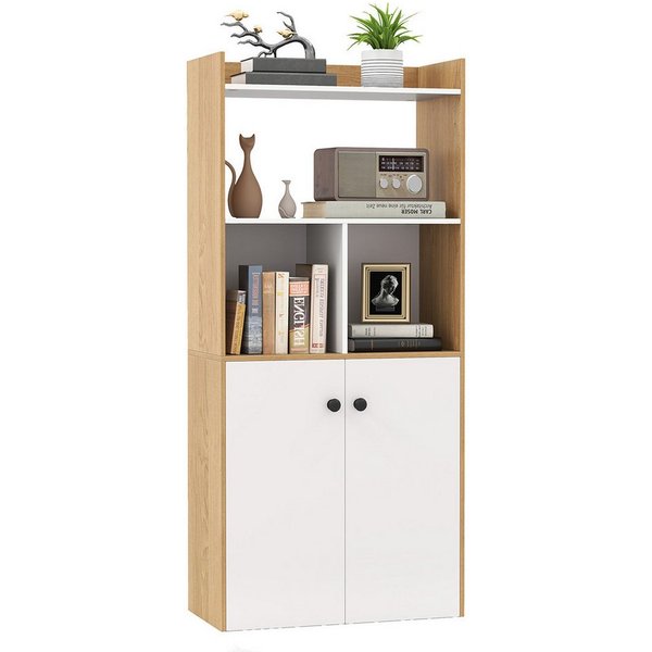 COSTWAY Bücherregal, mit Doppeltürschrank & Regal, Holz, 60x30x140cm