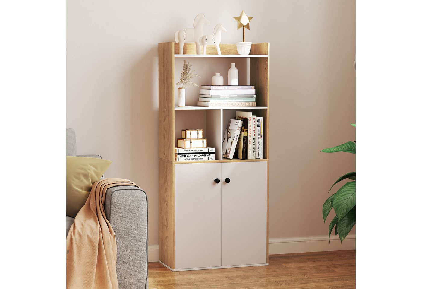COSTWAY Bücherregal, mit Doppeltürschrank & Regal, Holz, 60x30x140cm – Bild 2 von 5