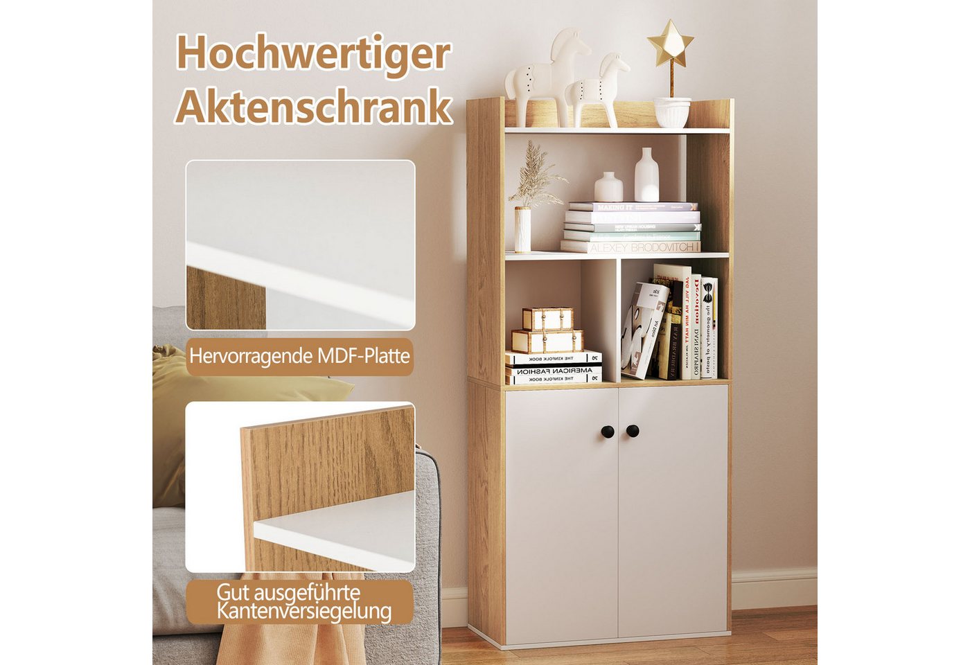 COSTWAY Bücherregal, mit Doppeltürschrank & Regal, Holz, 60x30x140cm – Bild 3 von 5